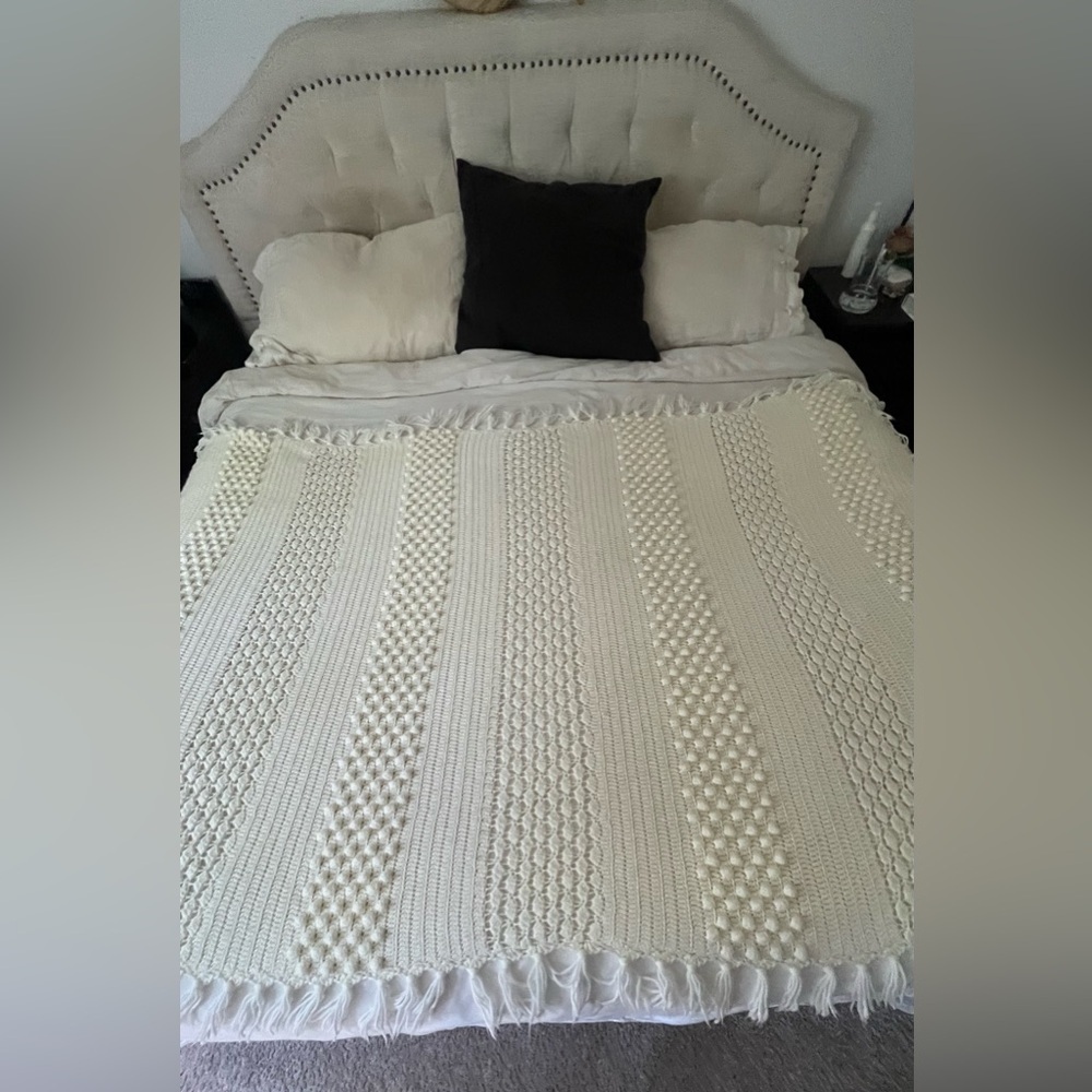 Handmade Crochet Afghan White Popcorn XL